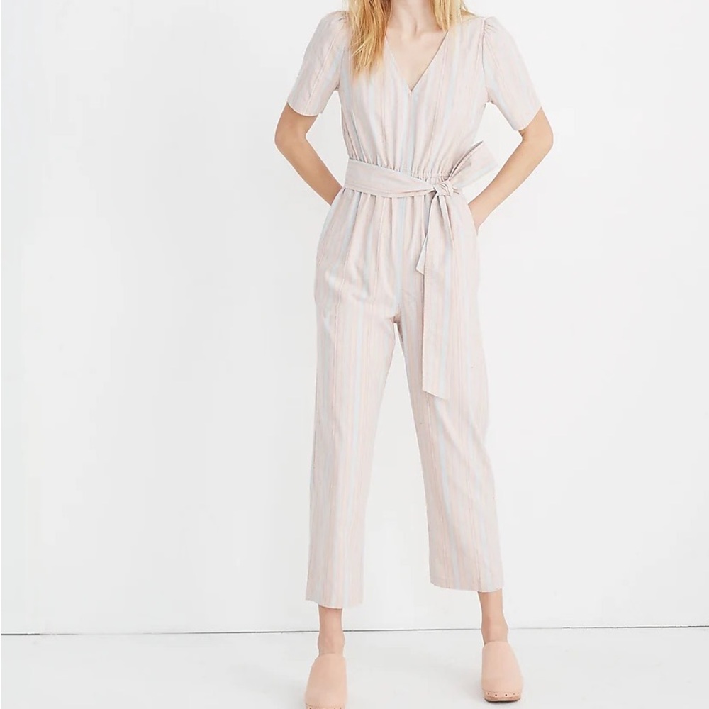Striped Puff-Sleeve Tapered Jumpsuit NWT size 00 Tall